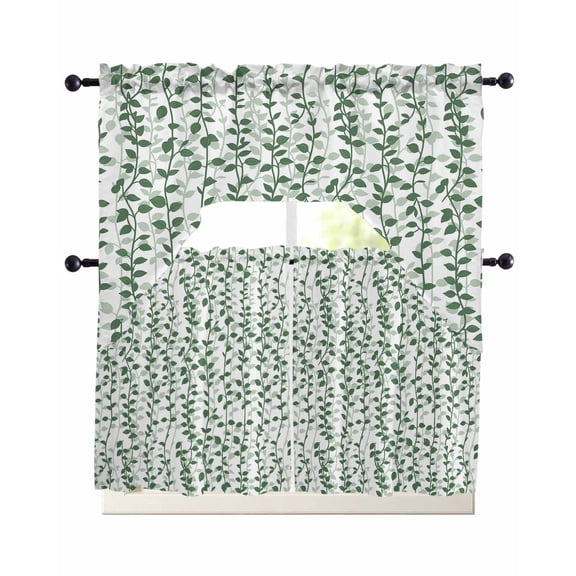 Green Ivy Leaves Kitchen Curtain and Valance Set 3 Pieces,Rod Pocket Short Tier Curtains 24 Inch Length,Spring Plants Botanical Modern Country Swag Topper Small Window Treatment for Cafe Bedroom