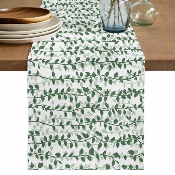 Green Ivy Leaves Table Runner, Spring Plants Botanical Modern Country Washable Cotton Linen Table Runners 36 Inches Long, Dresser Scarf Runner for Nightstand/End Tables/Round Tables 13''x36''