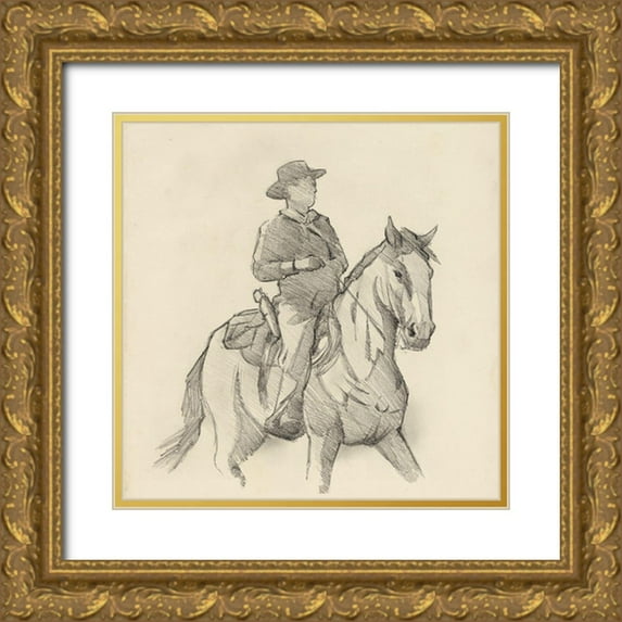 Green, Jacob 20x20 Gold Ornate Wood Framed with Double Matting Museum Art Print Titled - Western Rider Sketch I
