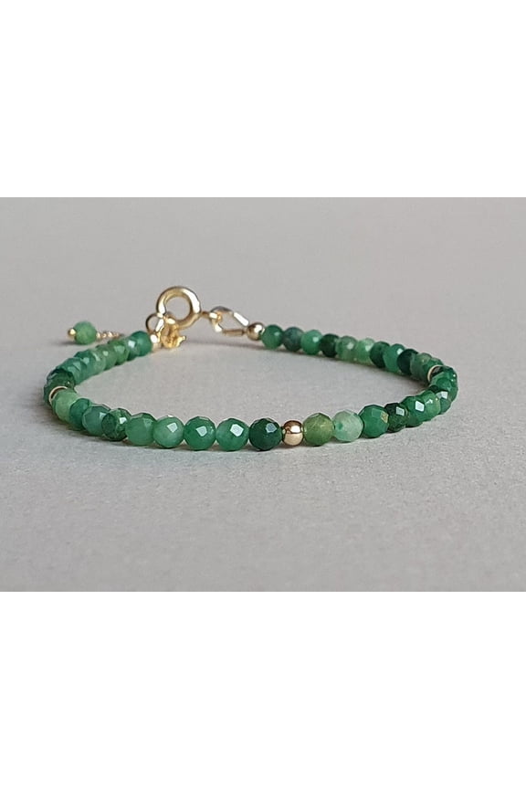 Green Jade 4mm Round Shape Faceted Cut Beads 7 inch Adjustable Gold Plated Clasp Bracelet for men, women, unisex. Link Chain Stacking Bracelet.|LINK_03499