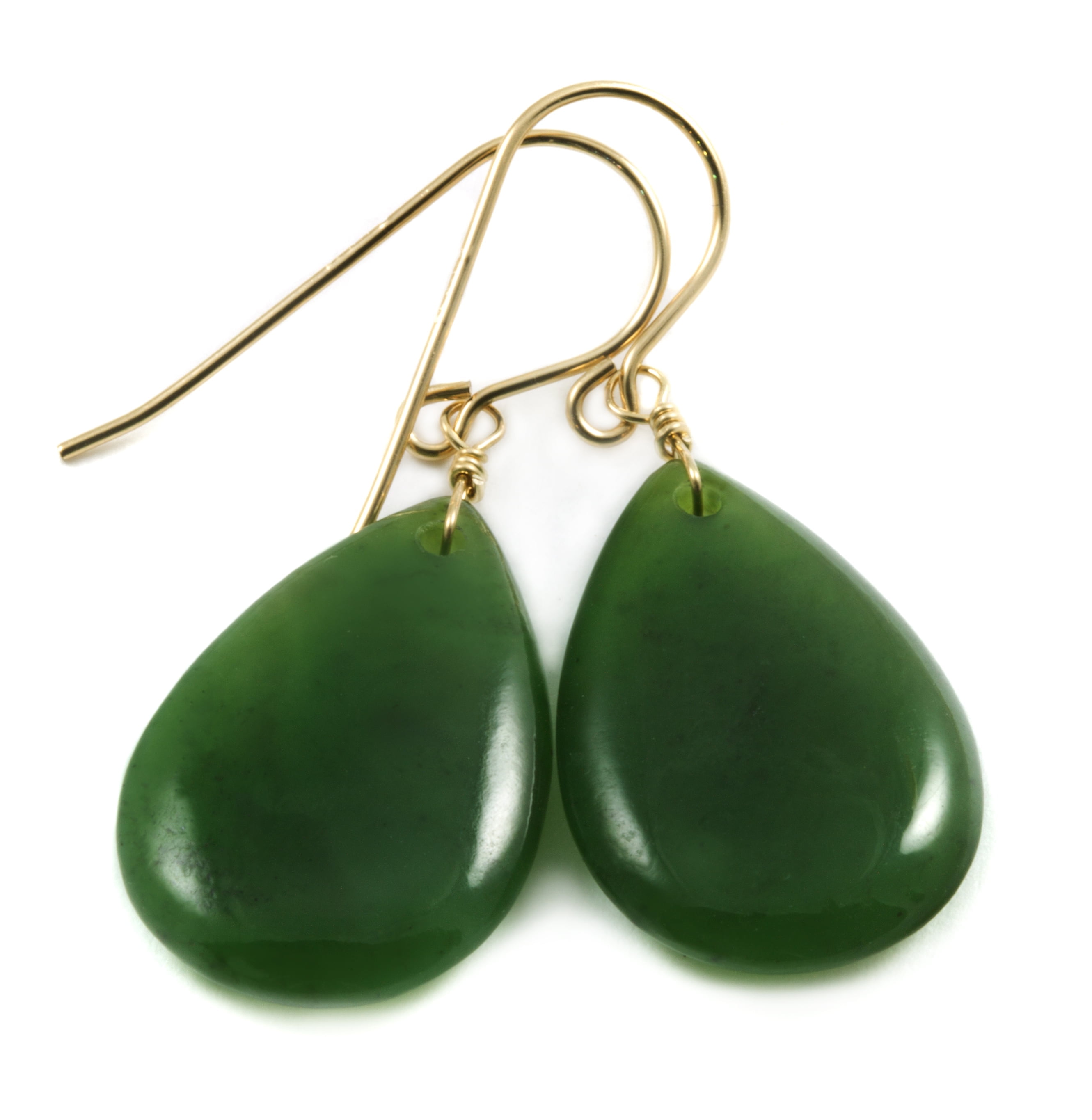 Green Jade Earrings Nephrite Smooth Wide Teardrops 14k Gold Filled Spyglass Designs