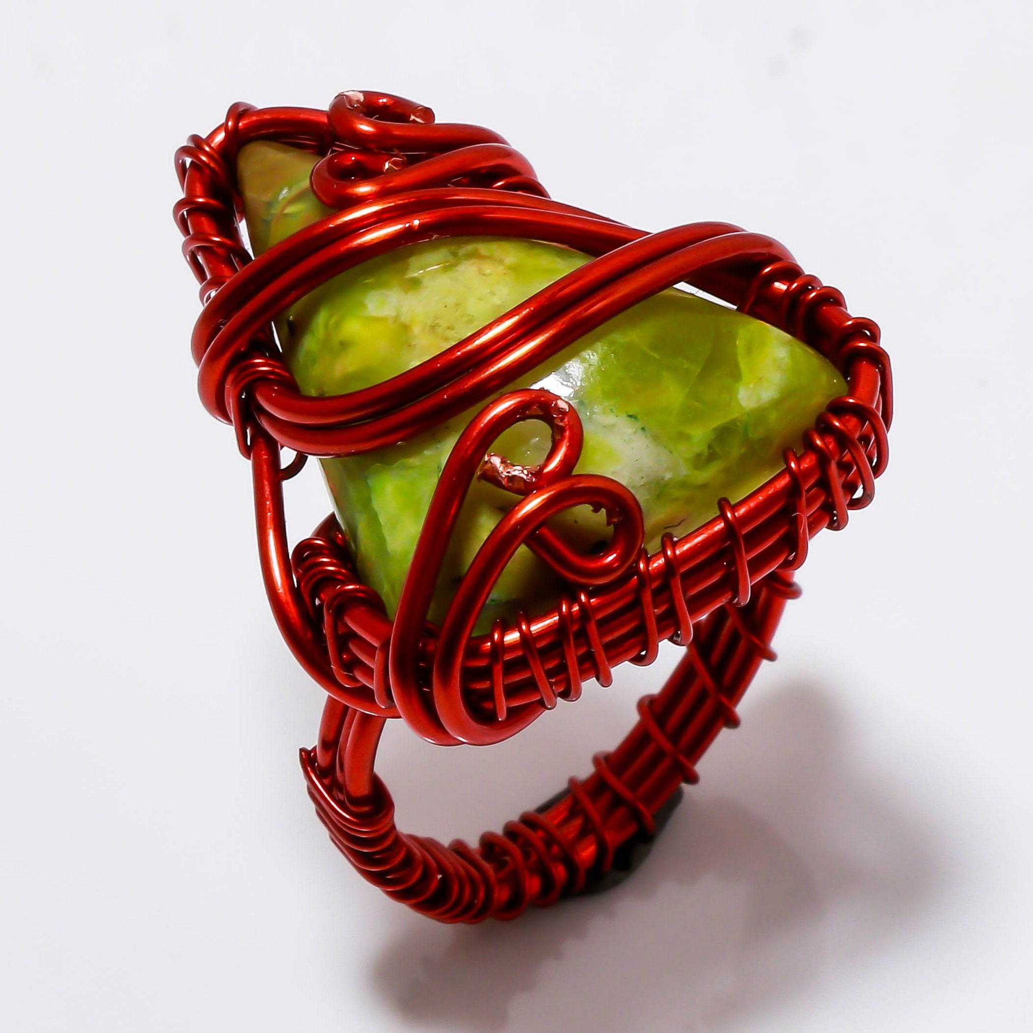 S S GEMS & JEWELLERY Green Jade Gemnstone Ring Handmade Antique Wire Wrap Copper Jewelry 7" CR 752