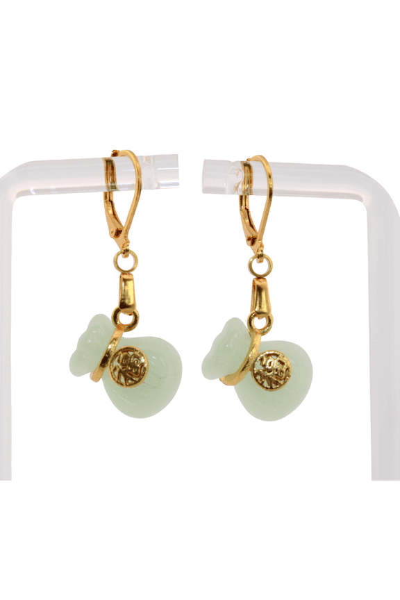 Green Jade Good Luck Money Bag Gold Earrings 225