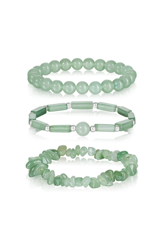 Green Jade Stone Bangle3Pcs Green Aventurine Jade Bracelet Set for Women - 8mm Stretch Beaded Bracelet, Healing Crystal Jewelry, Adjustable Relaxation Gemstone Gift for Mom, Wife