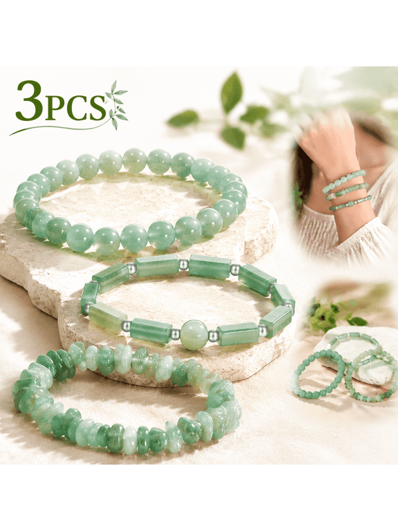 Green Jade Stone Bangle3Pcs Green Aventurine Jade Bracelet Set for Women - 8mm Stretch Beaded Bracelet, Healing Crystal Jewelry, Adjustable Relaxation Gemstone Gift for Mom, Wife