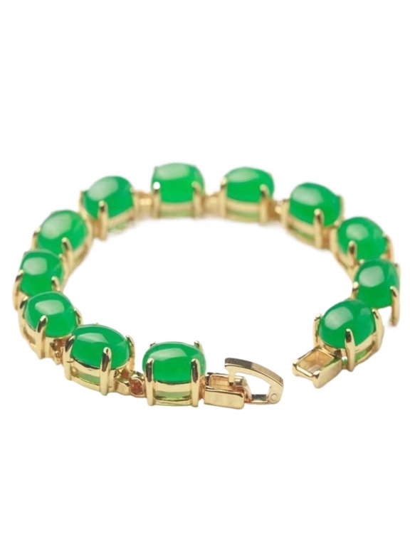 Green Jade Tennis Bracelet, Gold-Tone Setting, Oval Cabochon Stones, Elegant Gemstone Jewelry