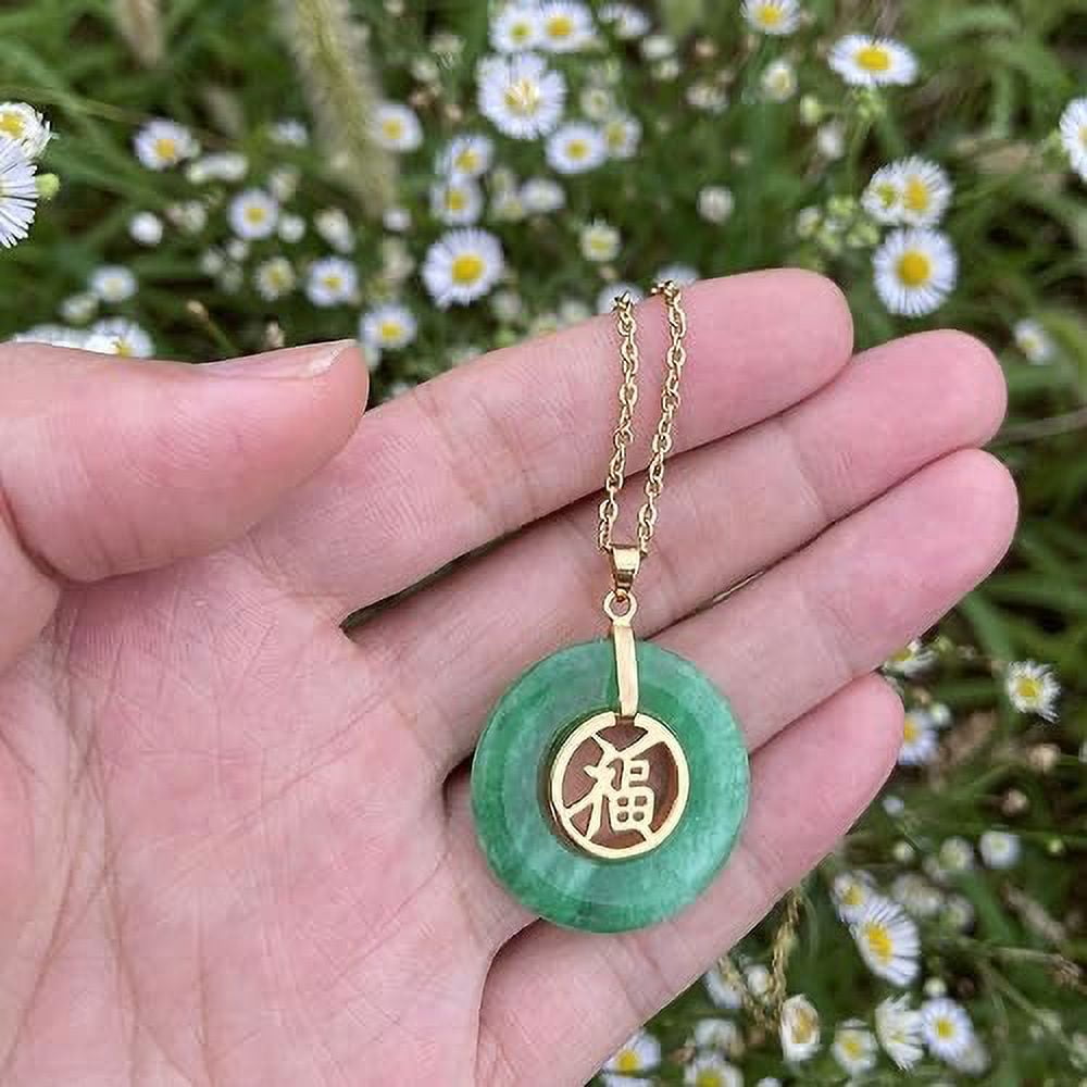 OC JEWELRY Green Jadeite Pendant with 14K gold chain - Jade Donut Circle Good Luck Chinese Fu Character Pendant Necklace