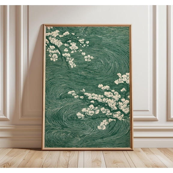 Green Japanese Cherry Blossom Abstract Wind Swirl Sakura Botanical Unframed Paper Print