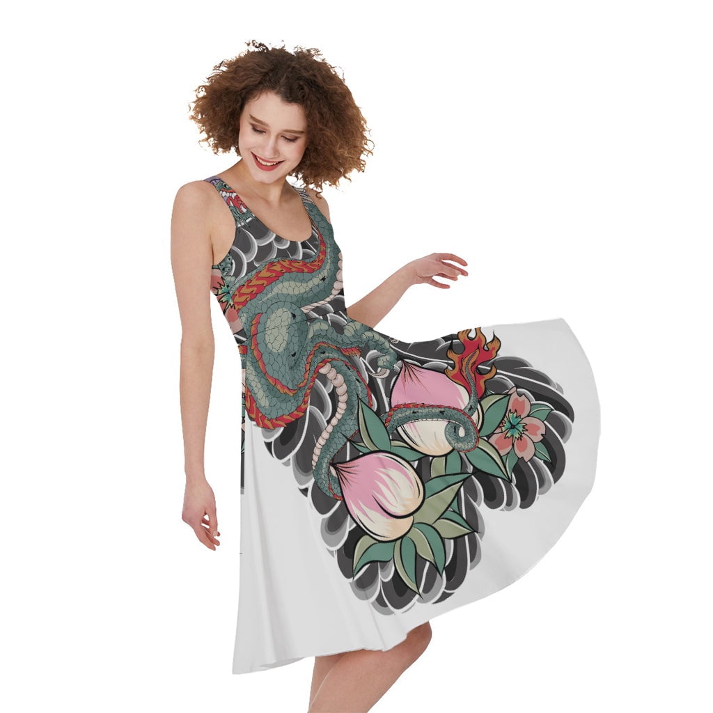NOBRAND Green Japanese Dragon Tattoo Print Sleeveless Knee Length Dress, Dragons Fashion Summer Maxi Dress For Women., Women's, Size: Medium