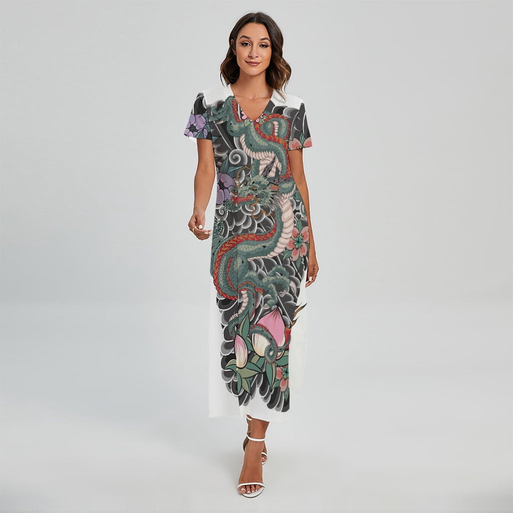 NOBRAND Green Japanese Dragon Tattoo Printed Short Sleeve Maxi Dress, Dragons Fashion Summer Maxi Dress For Women, Women's, Size: 2XL NOBRAND Green Japanese Dragon Tattoo Printed Short Sleeve Maxi Dress, Dragons Fashion Summer Maxi Dress For Women, Women's, Size: 2XL