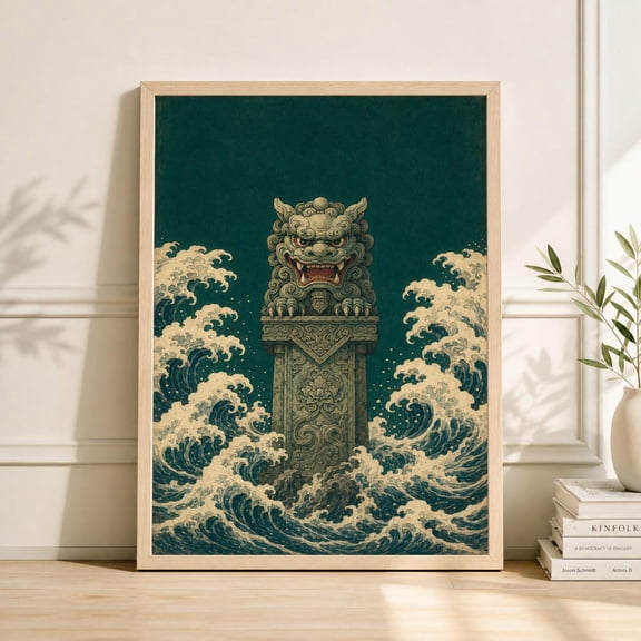 Green Japanese Wave Poster, Mythic Guardian Door Illustration, Vintage Asian Wall Art