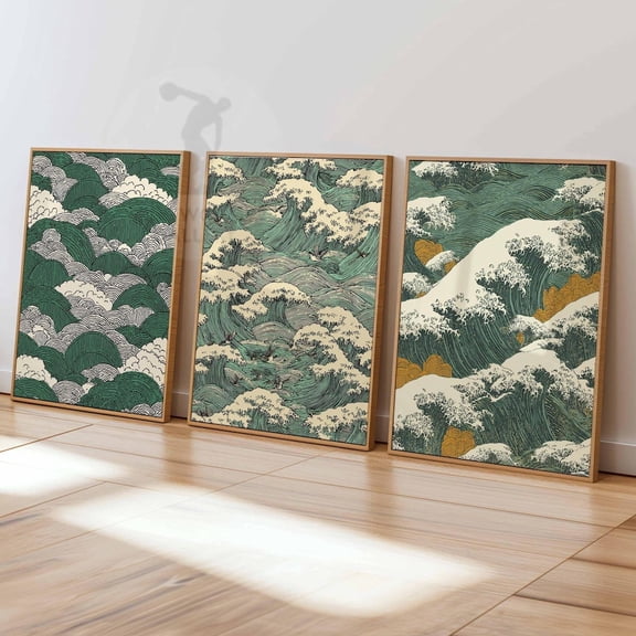 Green Japanese Waves Traditional Ocean Vintage Coastal Wall Art Set 3 Stretched Canvas 12x18