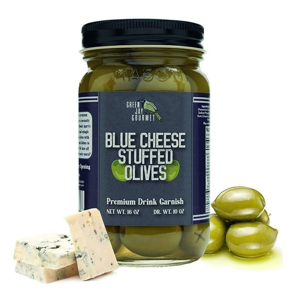 Green Jay Gourmet Blue Cheese Stuffed Olives Cheese Stuffed Green Olives for Cocktail Garnish & Cheese Board Dirty Martini Olives Gourmet Olives All Natural Large 16 Ounces