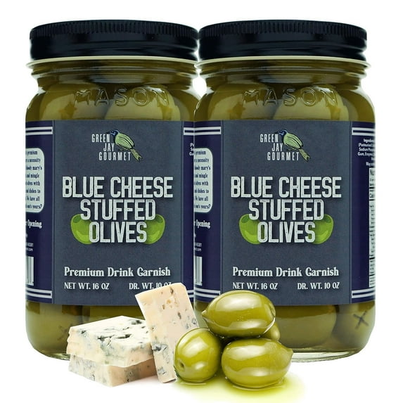 Green Jay Gourmet Blue Cheese Stuffed Olives Cheese Stuffed Green Olives for Cocktail Garnish & Cheese Board Dirty Martini Olives Gourmet Olives All Natural Large 2 x 16 Ounces