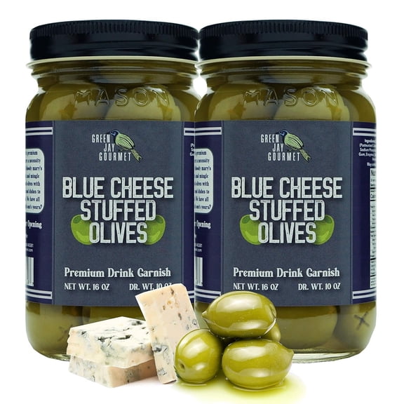 Green Jay Gourmet Blue Cheese Stuffed Olives Cheese Stuffed Green Olives for Cocktail Garnish & Cheese Board Dirty Martini Olives Gourmet Olives All Natural Large 2 x 16 Ounces