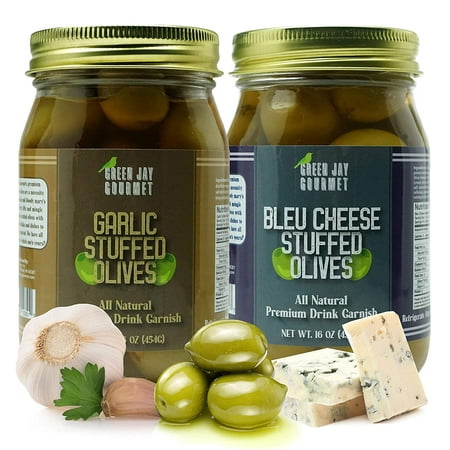 Green Jay Gourmet Garlic & Blue Cheese Stuffed Olives Stuffed Green Olives for Cocktails & Cheese Board Recipes Dirty Martini Olives & Cocktail Olives Gourmet Olives All Natural 32 Ounces