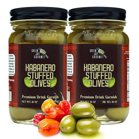 Green Jay Gourmet Habanero Stuffed Olives Stuffed Green Olives for Cocktail Garnish & Cheese Board Recipes Dirty Martini Olives & Cocktail Olives Gourmet Olives All Natural Large 2 x 16 Oz