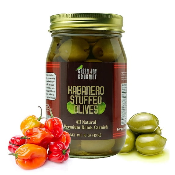 Green Jay Gourmet Habanero Stuffed Olives – Stuffed Green Olives for Cocktail Garnish & Cheese Board Recipes – Dirty Martini Olives & Cocktail Olives – Gourmet Olives – All Natural – Large – 16 Ounce