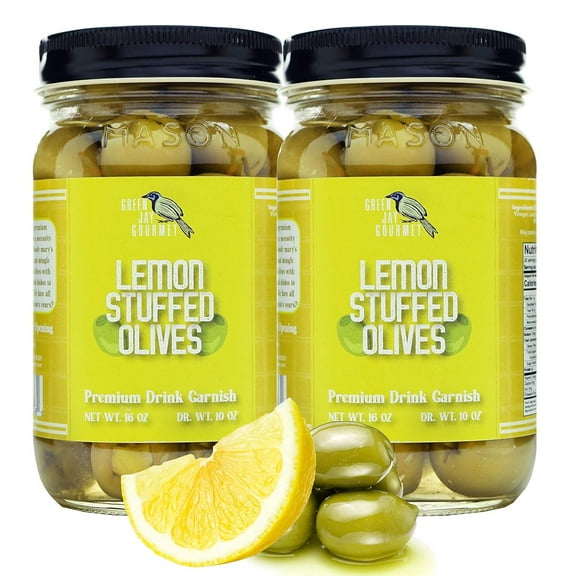 Green Jay Gourmet Lemon Stuffed Olives Stuffed Green Olives for Cocktail Garnish & Cheese Board Recipes Dirty Martini Olives & Cocktail Olives Gourmet Olives All Natural Large 2 x 16 Oz
