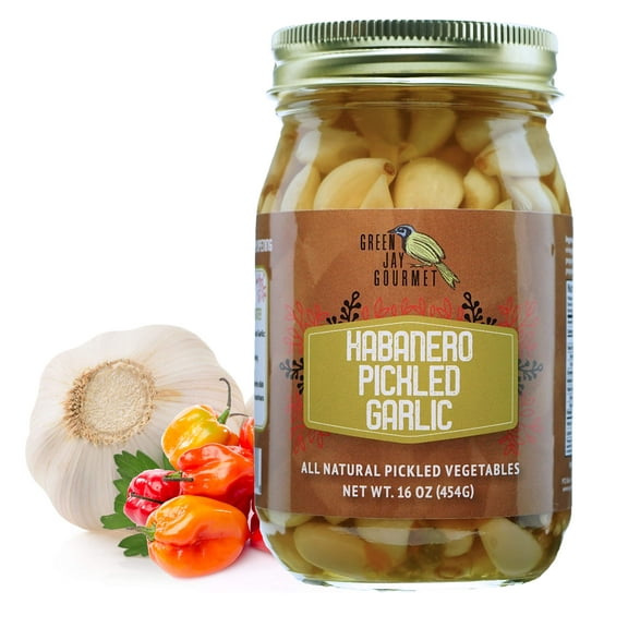 Green Jay Gourmet Pickled Garlic Cloves KKS1in a Pickled Garlic - Fresh Garlic Bulbs for Cooking - Natural Ingredients - Freshly Made - Subtly Infused, Pre-Prepared Garlic - 16 Ounce Jar