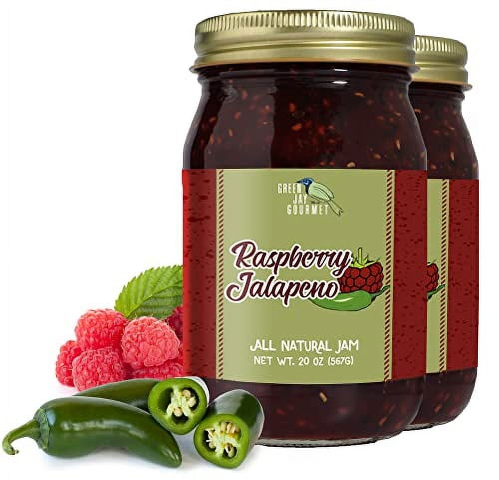 Green Jay Gourmet Raspberry Jalapeno Jam - All-Natural Raspberry Jam with Red Raspberries, Jalapeno Peppers \u0026 Lemon Juice - Vegan, Gluten-free Jam with No Preservatives - Made in USA - 2 x 20 Ounces
