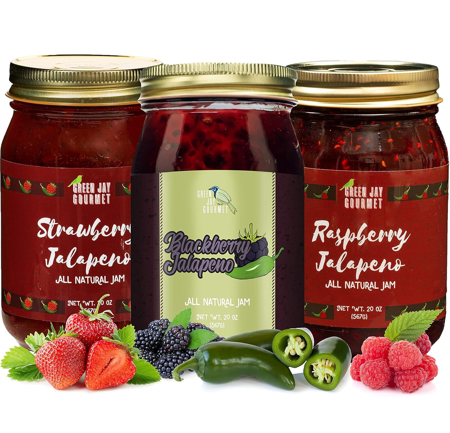 Green Jay Gourmet Spicy Jam Variety Pack - All-Natural Raspberry Jalapeno Jam, Strawberry Jalapeno Jam, Blackberry Jalapeno Jam - Vegan, Gluten-free Jam - No Preservatives - USA Made - 3 x 20 Ounces