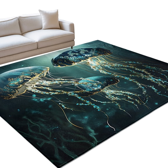 Green Jellyfish Area Rugs 6x9ft Watercolor Dreamy Floor Rug&nbsp;Non Slip Low Pile Ultra Soft Throw Carpet for Entryway Indoor Entrance Kitchen Bathroom