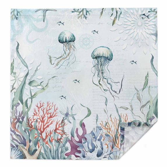 Green Jellyfish Coastal Cloth Napkins Washable Set of 1,Summer Beach Coral Starfish Nautical Reusable Dinner Table Napkins Cloth Bulk for Weddings Kitchen Restaurants Hotel Events Party 20 x 20 Inch