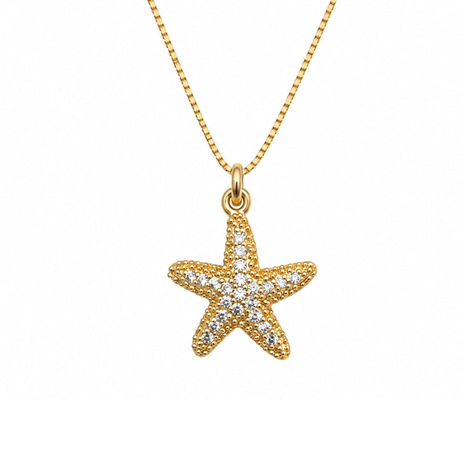 Green Jiss Exquisite Starfish Necklace  Gold-Plated Textured Starfish Pendant with Pav Cubic Zirconia (CZ) on a Box Chain; A Perfect Summer Beach/Ocean-Themed Jewelry Gift for Her