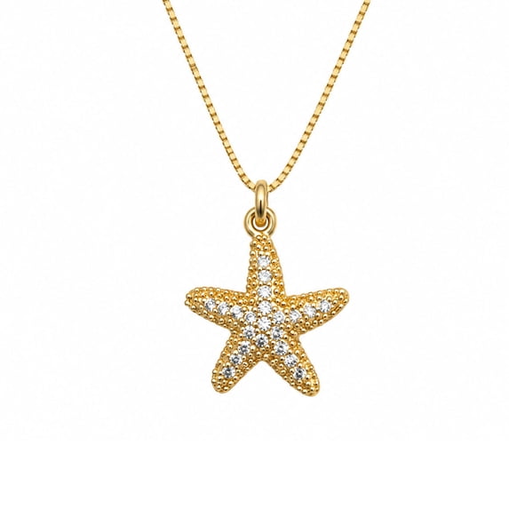 Green Jiss Exquisite Starfish Necklace – Gold-Plated Textured Starfish Pendant with Pavé Cubic Zirconia (CZ) on a Box Chain; A Perfect Summer Beach/Ocean-Themed Jewelry Gift for Her