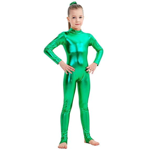 Green Kids Girl Boy Long Sleeve Coveralls Waist Trainer Body Suit Catsuit for Child Slim Tunic Bodycon Sequin Sparkle Dance Cosplay Costumes Coveralls 2026 10-12 Years