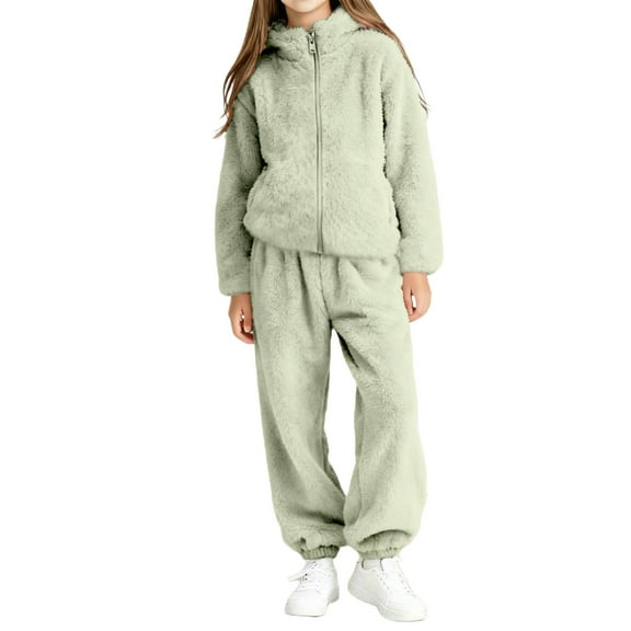 Green Kids Girl Boy Match Casual Top Trousers Pants 2PC Sets for Child Fleece Lined Wool Flannel Warm Fuzzy 2 Piece Straight Leg Basic Winter Fall 2PC Sets 2026 1 Year