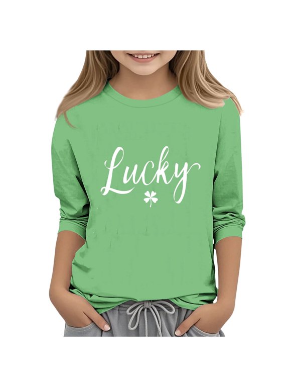 Green Kids Girl Boy Thermal Tshirts Print Tops Tee for Kid Long 3/4 Sleeve Crew Neck Spandex Happy Gift St Patricks Day Brunch Fall Winter Shirts 2026 Clothing 5 Years