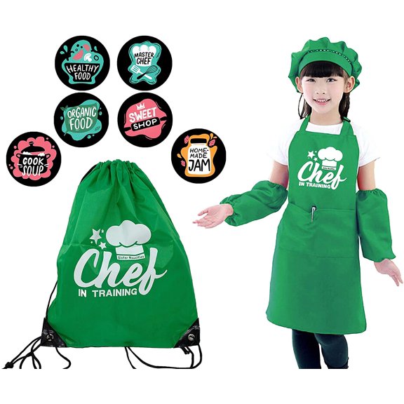 Green Kids Kitchen Apron Set w/ Bag & 6 Achievement Button Pins