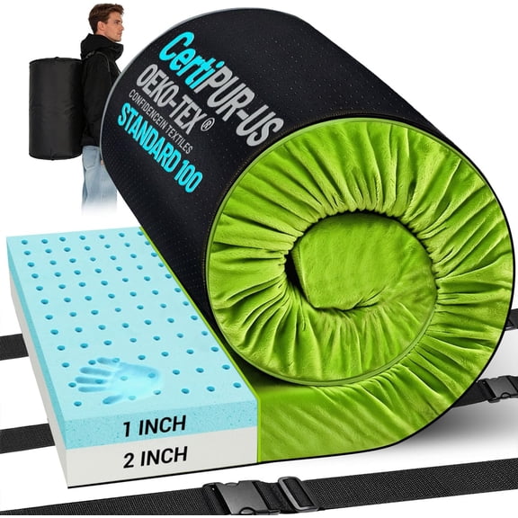 Green Kids Memory Foam Camping Mattress Pad, 63 x 26 x 3 Inches, Ventilated Breathable and Waterproof Portable Sleeping Mat with Storage Bag