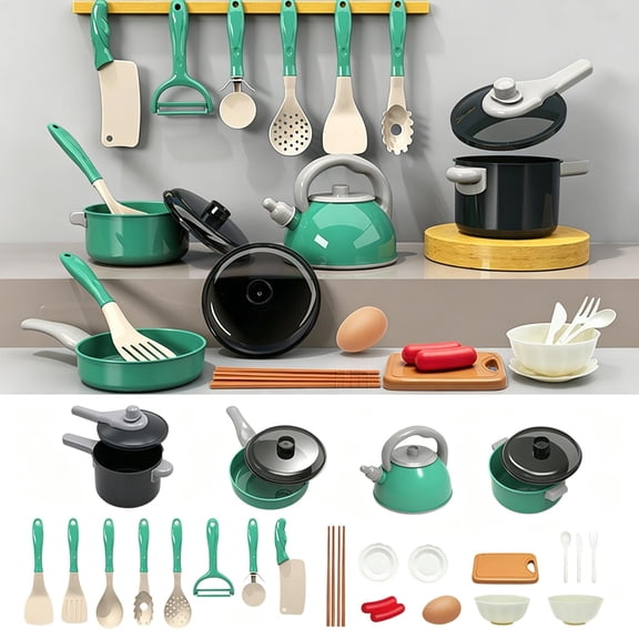 Green Kids Pretend Play Kitchen Cookware Set, Little Chef Role Play Educational Toy, Birthday Holiday Gift for Toddler Boys Girls Ages 3+