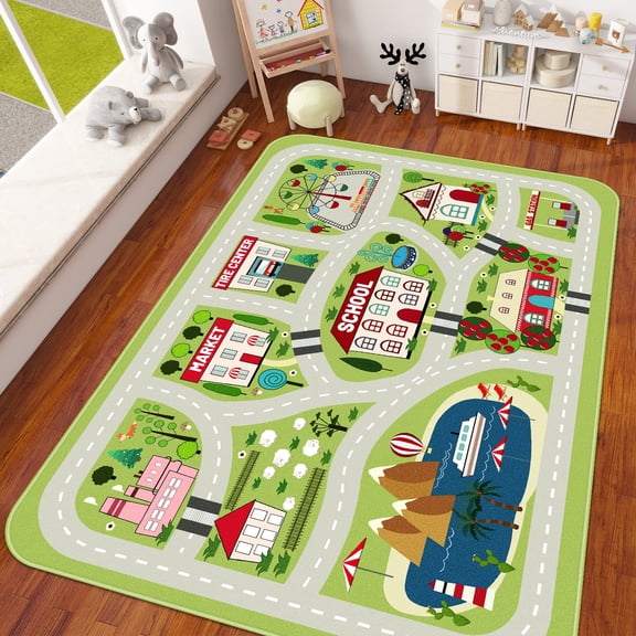 Green Kids Rug for Kids Room, Washable Road Rug for Playroom, Non-Slip Soft Toy Car Rug for Baby Nursery, Small City Traffic Playmat for Boys Girls Dorm Bedroom Tent 59"×39.4"