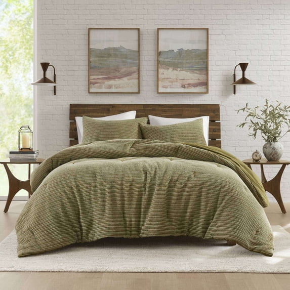Green King/Cal King Waffle Comforter Set 3-Piece, 100% Cotton Washed Bedding with Oversized Design