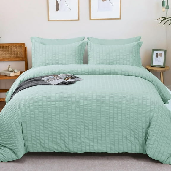 Green King Size Comforter Set Seersucker 7 Pieces, All Season Luxury Bed in a Bag for Bedroom, Bedding Set with Comforters, Sheets, Pillowcases & Shams
