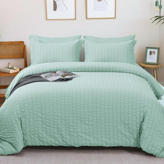 Green King Size Comforter Set Seersucker 7 Pieces, All Season Luxury Bed in a Bag for Bedroom, Bedding Set with Comforters, Sheets, Pillowcases & Shams