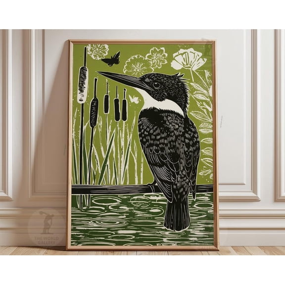 Green Kingfisher Botanical Stream Bird Wall Art Print, Unframed Paper Poster 24x36in