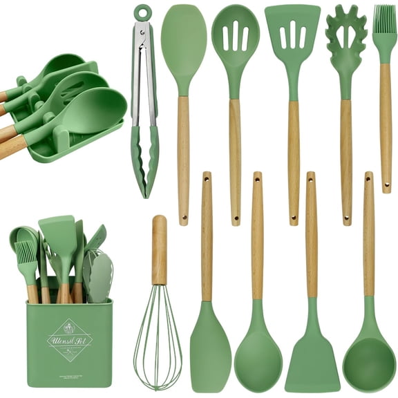 Green Kitchen Cooking Utensils Set-Heat Resistant Silicone Cooking Utensils Set, Non-Stick Kitchen Utensils Spatula Set with Holder, 13 Pcs Silicone Kitchen Gadgets D r