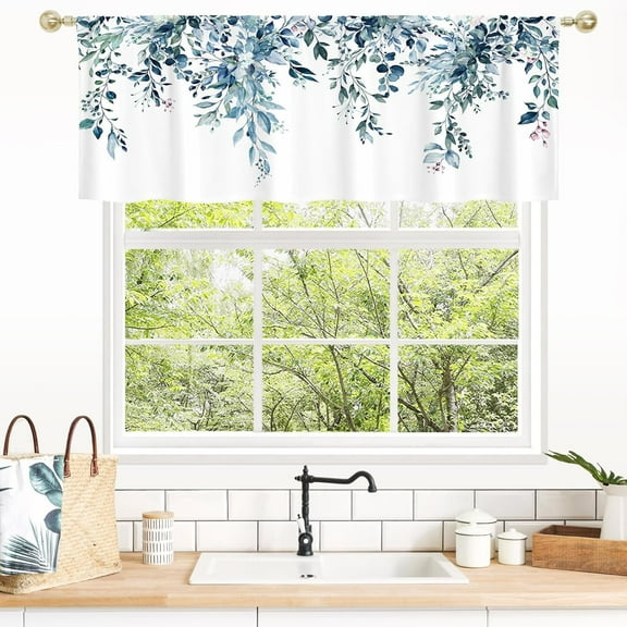 Green Kitchen Curtains Valances, Eucalyptus Leaves Pattern Semi Sheer Kitchen Valances for Living Room, Watercolor Botanical Rod Pocket Short Window Treatment Decor, 52x18