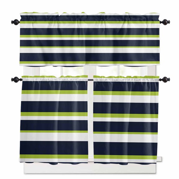Green and Kitchen Curtains and Valances Set, Navy Blue Stripe Abstract Geometric Stripes Rod Pocket Window Valance 18 Inch Window Curtain Panels for Living Room Bedroom Laundry, 27.5x36in, 3 Pieces