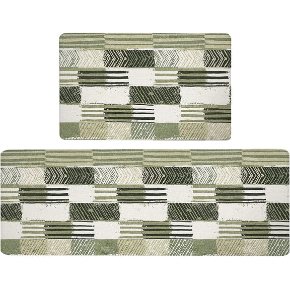 Green Kitchen Floor Mat Rugs Set 2 Pcs Stitching Geometry Anti-Fatigue Waterproof Stain Resistant Floor Rug Comfort Standing Mat for Kitchen, Floor Home (17.3" x28" + 17.3" x 47" Thick 0.4" )