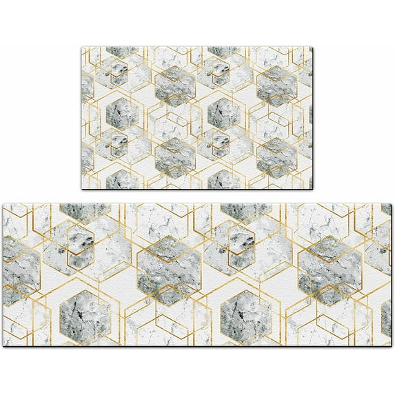 Green Kitchen Mat Set of 2 Marble Thick Kitchen Rugs Anti Fatigue Mats Standing Cushioned For Floor Waterproof PVC Leather Padded Non Slip Runner Decor for Sink ,17.3" x28" + 17.3" x 47",Green Gold
