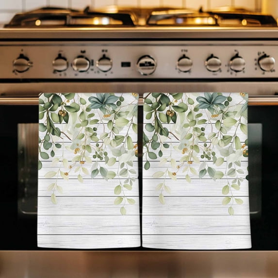 Green Kitchen Towels Set of 2, Eucalyptus Leaves Absorbent Dish Towels for Kitchen, Microfiber Hand Towel, Quick Drying Tea Towel for Cleaning Decorative Dishcloths Summer Botanical Wooden