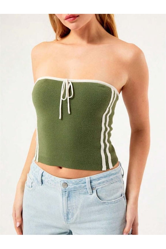 Green Knit Bandeau Crop Top With White Side Stripes And Front Drawstring