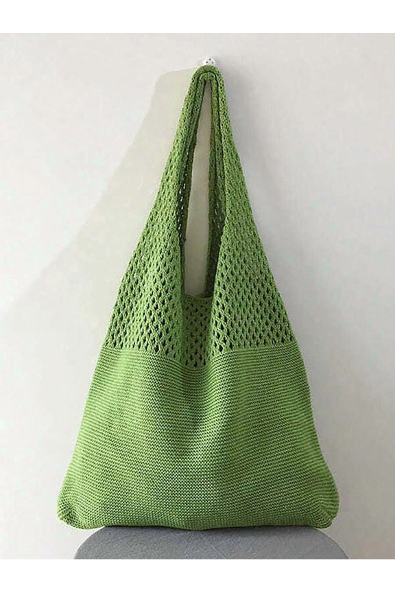 Green Knitted Open-Weave Tote Bag, Large Capacity Shoulder Bag For