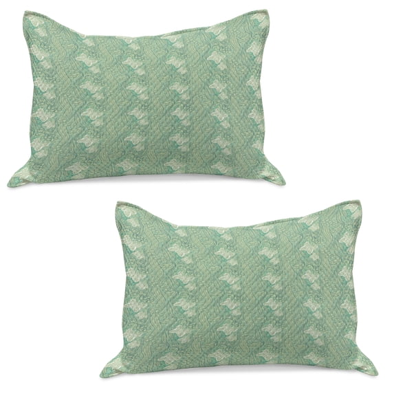 Green Knitted Quilt Pillowcover Set of 2, Lace Style Graphic Pattern of Flourishingest Elements Butterflies, Standard Queen Pillow Sham Bedroom, 30" x 20", Pale Green Turquoise, by Ambesonne